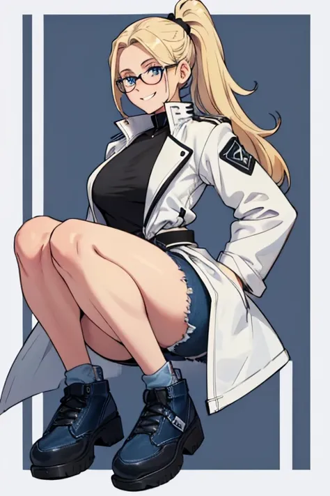 female, blonde long hair in a ponytail, blue eyes, (((1girl))), (((white and black jacket with rolled up sleeves))), (black shirt), (blue denim jeans), (black belt), (black shoes), (glasses), cute and sexy, full body, modest breasts, modest butt, long legs...