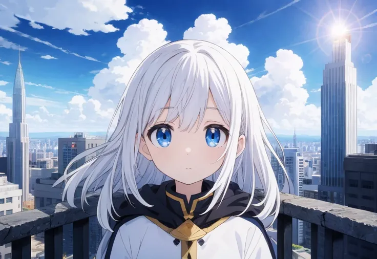 Absurd, High resolution, (Anime Style:1.1), ((Tabletop)), ((highest quality)), (Very detailed), (beautiful), alone, beautiful face、(lift)、The view from the top of a skyscraper close to the atmosphere is lovely.,Wind,((Thin white colorful long hair)),, blue...