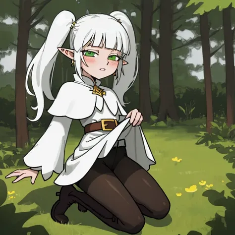 a woman in a dress kneeling on the ground, long hair, blush, bangs, long sleeves, twintails, green eyes, ass, flower, white hair, pantyhose, earrings, boots, outdoors, parted lips, day, pointy ears, belt, white dress, tree, black pantyhose, capelet, brown ...