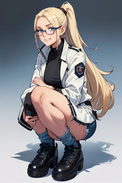 female, blonde long hair in a ponytail, blue eyes, (((1girl))), (((white and black jacket with rolled up sleeves))), (black shirt), (blue denim jeans), (black belt), (black shoes), (glasses), cute and sexy, full body, modest breasts, modest butt, long legs...