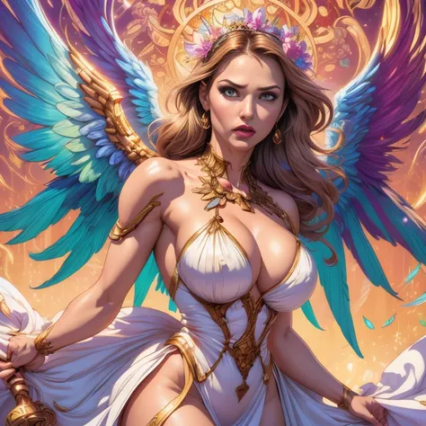 (best quality:1.2,comics art:1.1,vivid colors,beautiful vintage angel warrior woman with very big big wings),perfect and beautiful face,((white dress with gold embroid details)),little breasts, determined angry face expression,(((corpo de frente para o obs...