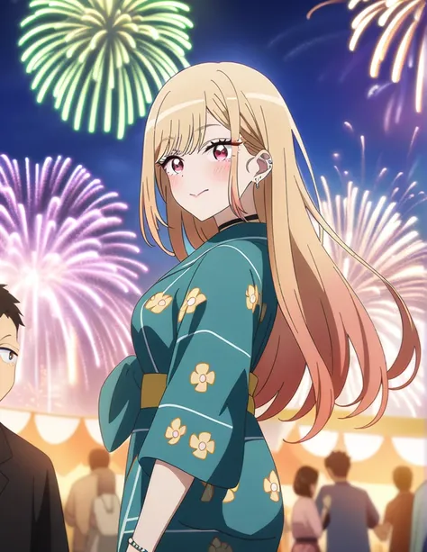 1girl, kitagawa marin, sono bisque doll wa koi wo suru, yukata, fireworks, festival, anime artwork, anime style, key visual, vibrant, studio anime, highly detailed, masterpiece, best quality, very aesthetic, absurdres