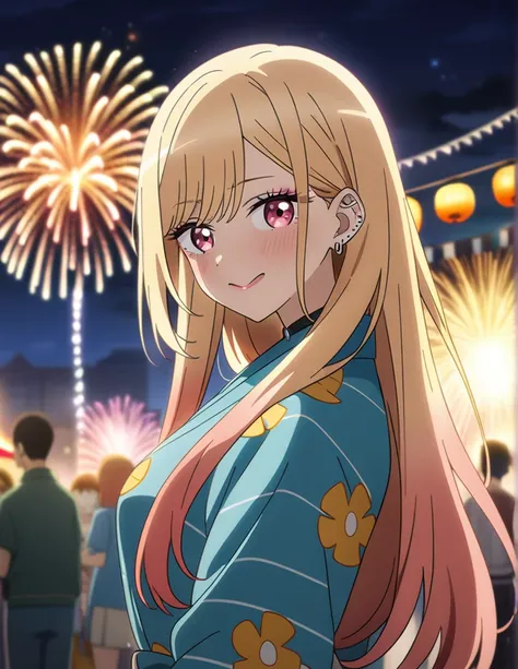 1girl, kitagawa marin, sono bisque doll wa koi wo suru, yukata, fireworks, festival, anime artwork, anime style, key visual, vibrant, studio anime, highly detailed, masterpiece, best quality, very aesthetic, absurdres