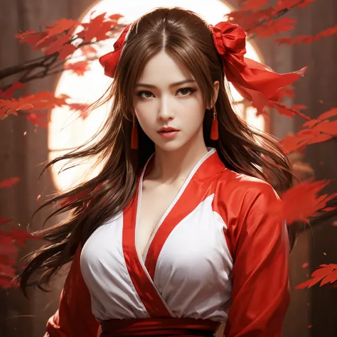 Mai Shiranui, (best quality,ultra-detailed),(realistic:1.37), beautiful and detailed face, ultra-realistic texture, delicate face, athletic body, vivid colors. High definition, 8k, angry expression
