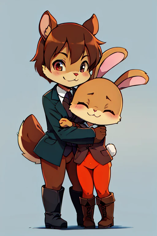 2 boys, squirrel and rabbit, furry, bodyfur, blazer, bottomless, color tights, gloves, boots, hug