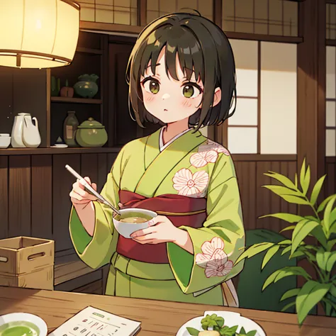 a woman in a kimono making matcha tea at a japanese-style cafe　flower pattern kimono