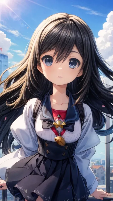 Absurd, High resolution, (Anime Style:1.1), ((Tabletop)), ((highest quality)), (Very detailed), (beautiful), alone, beautiful face、(lift)、The view from the top of a skyscraper close to the atmosphere is lovely.,Wind,((Thin black colorful long hair)),, blue...