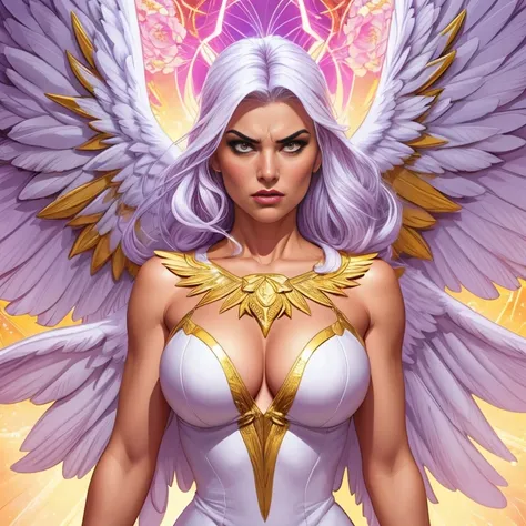 comics art,vivid colors,beautiful vintage angel warrior woman with very big big wings,beautifu lface,corpo de frente para o observador,segurando uma espada na frente do corpo,white dress with gold embroid details,little breasts, determined angry face expre...