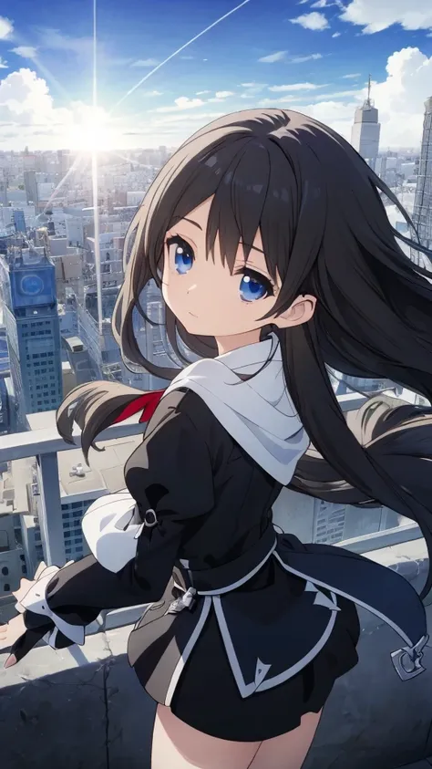 Absurd, High resolution, (Anime Style:1.1), ((Tabletop)), ((highest quality)), (Very detailed), (beautiful), alone, beautiful face、(lift)、The view from the top of a skyscraper close to the atmosphere is lovely.,Wind,((Thin black colorful long hair)),, blue...