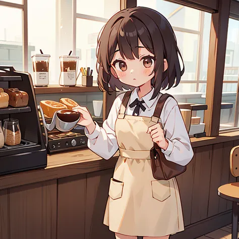 a girl carrying coffee and toast at a coffee shop　apron dress