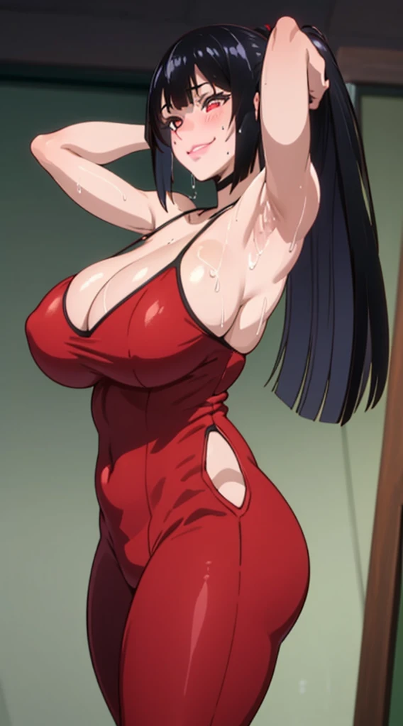 Sexy and cute woman, black hair in a ponytail, red eyes, pink lips parted, red tanktop, black track pants seductive yet comforting smile, blushing cleavage, perfect body, huge ass, thick thighs, sweating, big breasts, both hands raised, armpits, armpits vi...