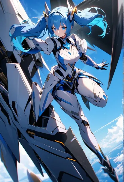 High quality, high definition, hig
h precision images,8k 1 Girl Robot Girl、Blue hair,Twin tails,blue eyes(,Flying in the sky)
、With a White and blue, spear,Blue and white clothing,Hes wearing flashy robot armor.Full-body view

