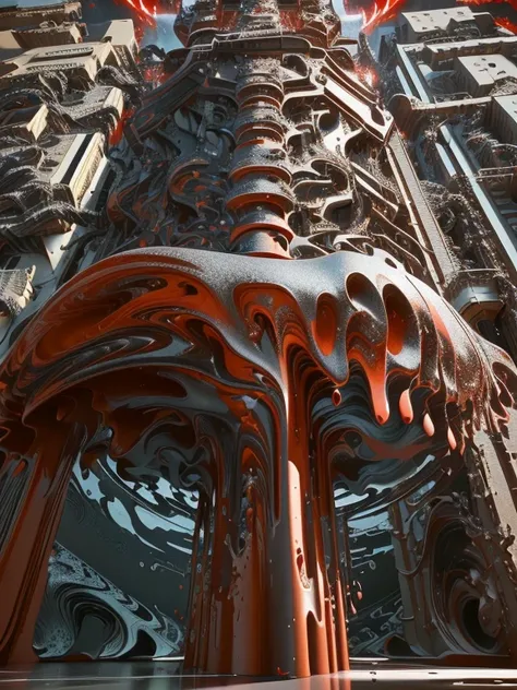 There is a very large red object in the middle of a dark background, 3 d Fluid simulation render, chaotic swirling ferrofluids, rendered in houdini, houdini Fluid simulation, Epic 3D Abstract Model, Fluid simulation in houdini, Fluid simulation, rendered i...