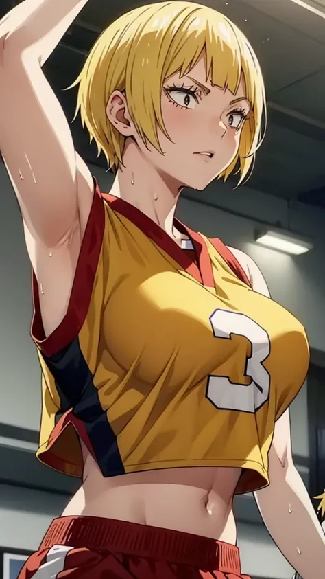 a close up of a person wearing a basketball uniform, a picture, inspired by Kentaro Miura, trending on pixiv, Saeko Tanaka, Haikyuu, yellow hair, short hair, wearing yellow nba jersey, yellow croptop nba jersey, wearing a low cut croptop, wearing croptop, ...