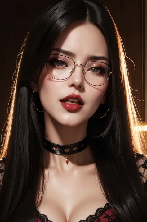 portrait of sexy mature woman, rimless glasses, long straight hair, choker, bright lipstick, orgasm, emotion, ahegao, passion, asphyxiation, close up portrait, high detailed image, masterpiece, oil painting, big breasts