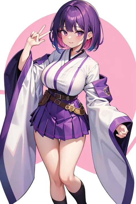 1girl, solo, breasts, looking at viewer, blush, smile, short hair, bangs, skirt, large breasts, pink hair, hair ornament, long sleeves, medium breasts, purple eyes, jacket, purple hair, sidelocks, multicolored hair, pleated skirt, parted lips, japanese clo...