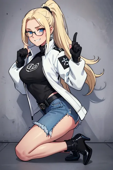 female, blonde long hair in a ponytail, blue eyes, (((1girl))), (((white and black jacket with rolled up sleeves))), (black shirt), (blue denim jeans), (black belt), (black low heels), (black fingerless gloves), (glasses), cute and sexy, full body, modest ...