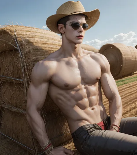 HD quality, high definition, a male labor worker 18 years old handsome, muscular and slim, red lips, leaning against haystackss, exposed vagina, model with bracelets, earrings, with sunglasses, fully nude and naked body, eyebrowse angry, side view, wearing...