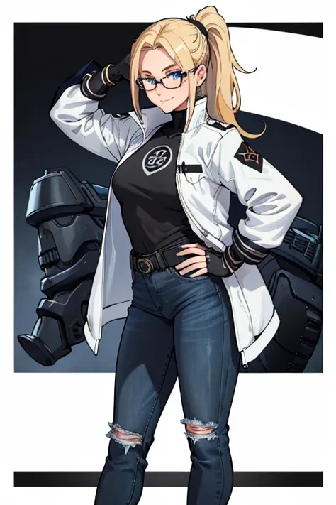 female, blonde long hair in a ponytail, blue eyes, (((1girl))), (((white and black jacket with rolled up sleeves))), (black shirt), (blue denim jeans), (black belt), (black low heels), (black fingerless gloves), (glasses), cute and sexy, full body, modest ...