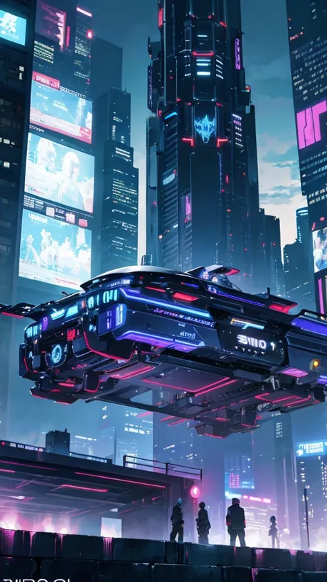 Sci-fi style metropolis at night、Cyberpunk atmosphere、Beautiful night view、A futuristic hovercar is parked in front.