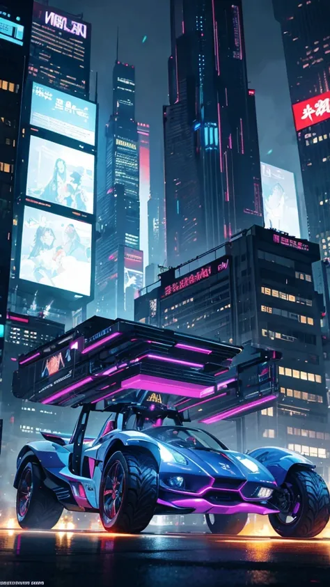 Sci-fi style metropolis at night、Cyberpunk atmosphere、Beautiful night view、A futuristic hovercar is parked in front.