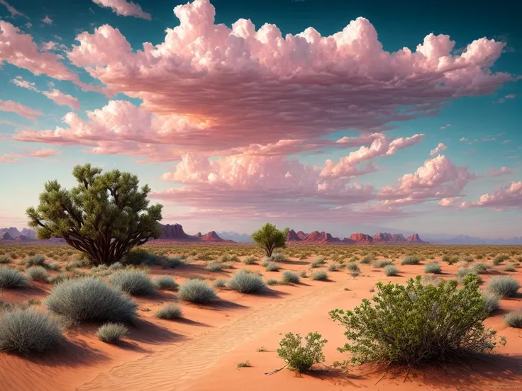 summer, desert, pink clouds, earth, overgrown with roses, james gurney, rendering of an art station, ultra wide angle lens, a hi...