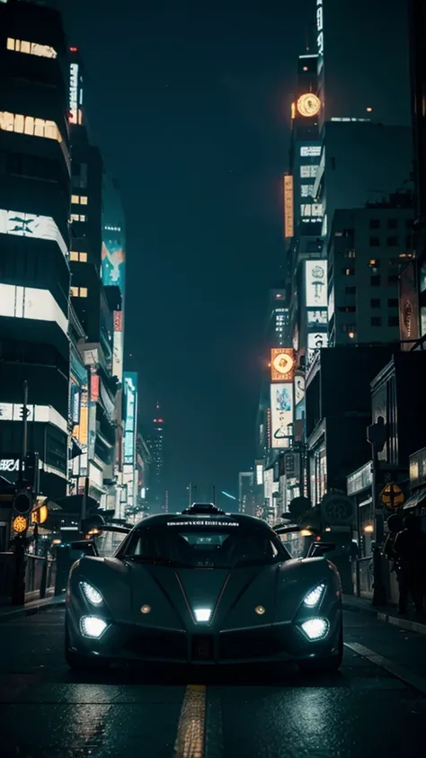 Sci-fi style metropolis at night、Cyberpunk atmosphere、Beautiful night view、A futuristic hovercar passes in front of me.