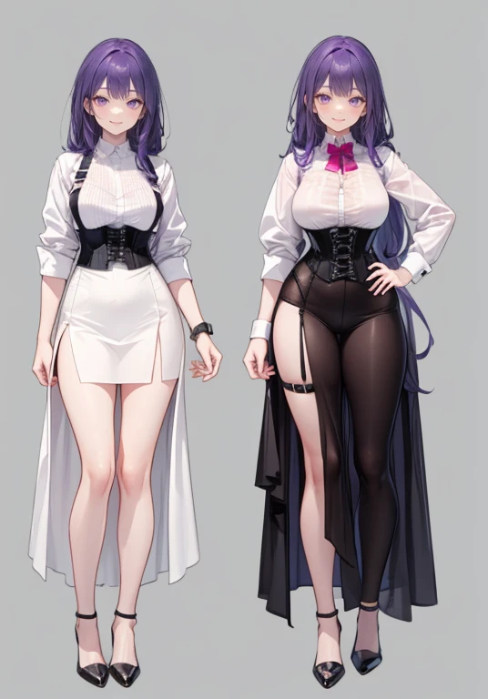 Purple hair,Long hair,Adult female,Bartender,((Body harness)),((Rolling up your sleeves shirt)),(Corset),(Long skirt),(slit),High heels,((Simple background)),Smile,((Full body)),((whole body)),Character Sheet,