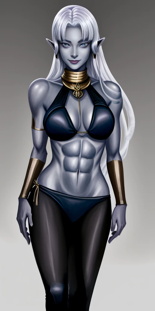 ((1girl)) full body, standing, grey skin, drow, elf, mature, detailed happy face, purple eyes, white hair, black bikini, abs, big knockers, golden chain collar, stomach tattoo (red tattoo)