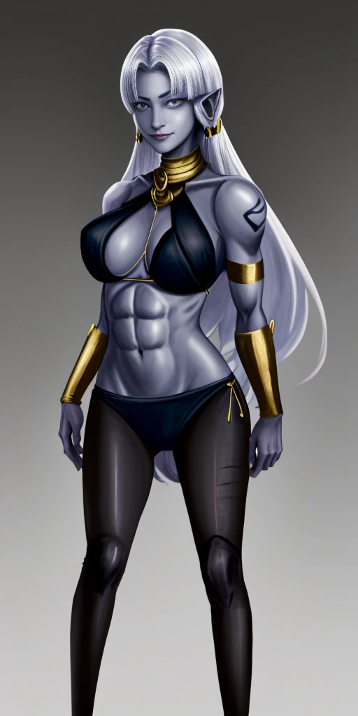 ((1girl)) full body, standing, grey skin, drow, elf, mature, detailed happy face, purple eyes, white hair, black bikini, abs, big knockers, golden chain collar, stomach tattoo (red tattoo)