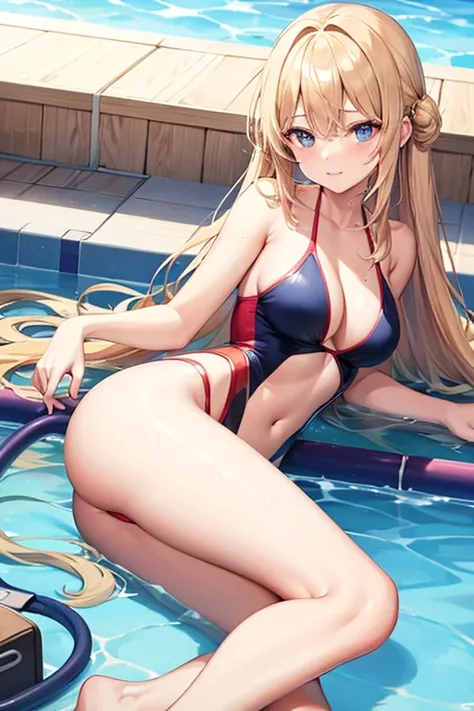 1lady,solo,bare foot,thighs focus,cute,blond hair,long hair,swimsuits,poolside, slouch