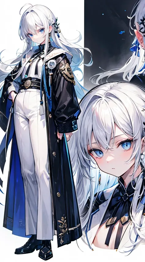 Best quality at best、On the table、The face is perfect、8K high resolution、(1 boy), and soul, and soulの男の子, The white hair, long whitr hair、light blue  eyes, Wear long, The white, Open-top coat, Fixed black waistband、was wearing a The white hood, The white a...