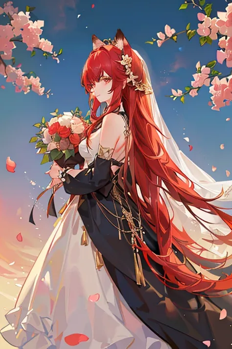 Red long-haired，Red fox ears，Golden eyes，wedding gown，flower bouquet，blossoms，flower  sea，Stroll through the flower fields