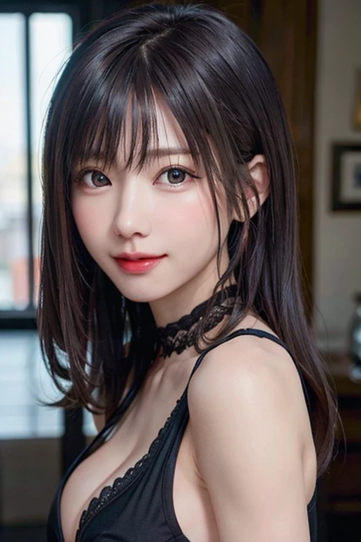 (8k、RAW Photos、highest quality、masterpiece:1.2)、(Realistic、Realistic:1.37)、Very detailed、超A high resolution、1 girl、View your viewers、Beautifully detailed face、Laughter、narrow、(Tight waist) :1.3)、A sexy dress with a deep slit like body tights made from shee...