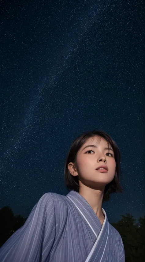 ((Night road in the countryside:1.5))、((Starry sky:1.4))、((Young woman wearing yukata with white vertical stripes:1.3))、((From below:1.4))、((Looking Up:1.4))、(​masterpiece、top-quality) 、Soft lighting、absolutely outstanding image, very extremely beautiful、​...