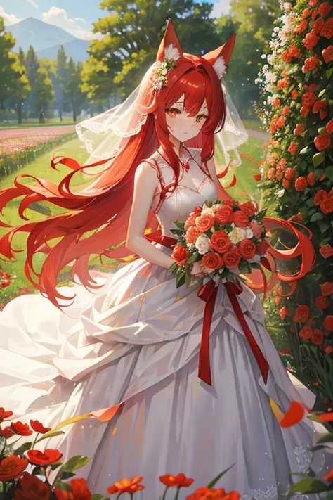 Red long-haired，Red fox ears，Golden eyes，wedding gown，flower bouquet，blossoms，flower sea，Stroll through the flower fields