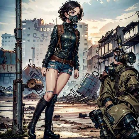 1girl, (solo:1.2), [slim], (small chest), pale skin, ((detailed eyes)), (bokeh effect), (dynamic angle), dynamic pose, (deserted city:1.3), short curly hair, leather jacket, ripped jeans, high boots, (backpack), knife holder, (gas mask:1.2), (ruined buildi...