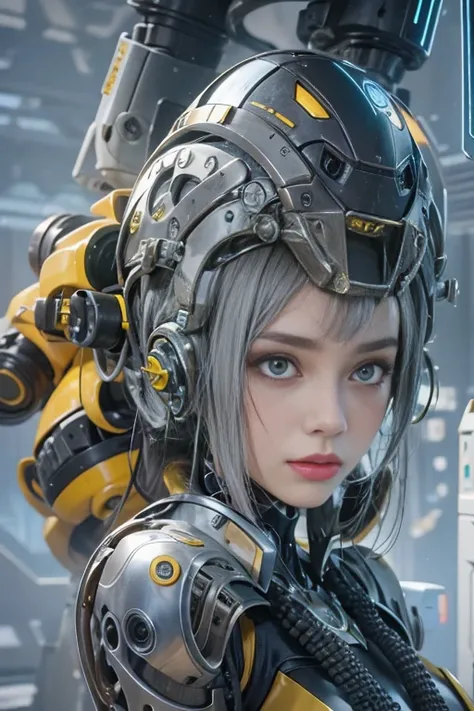 optical reality，hips up,Girl in futuristic cybernetic costume，YellowOctopus metal robot cyberMachinery,Battlefield backdrop