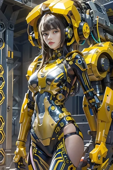 optical reality，hips up,Young woman in a futuristic cybernetic bikini，YellowOctopus metal robot cyberMachinery,Battlefield backdrop