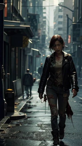 A female zombie is walking