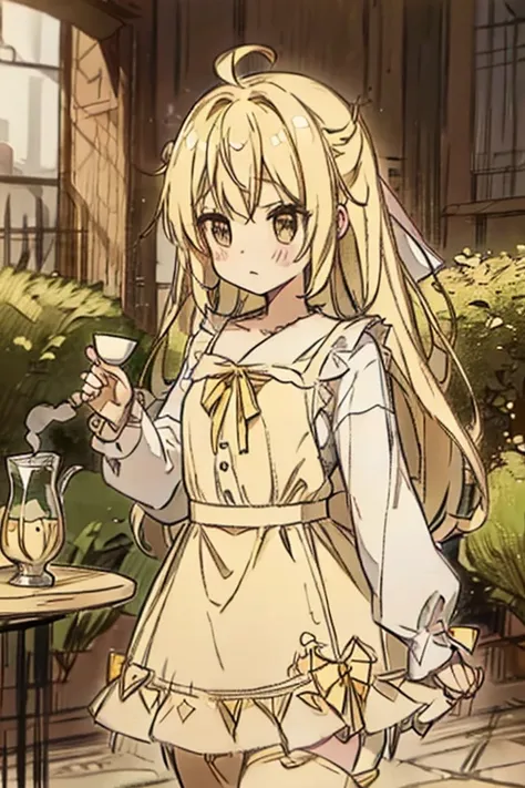 A blonde haired female angel in a cute yellow lolita dress with hazel eyes and golden wings is drinking tea in the garden