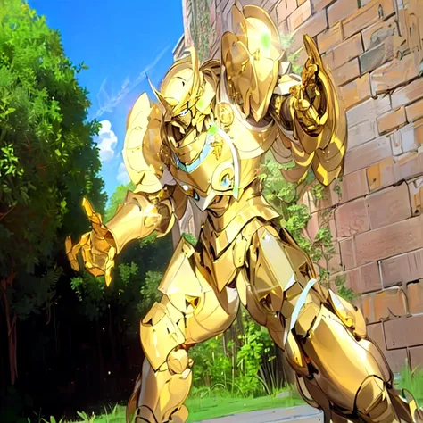 gilded shiny armour, golden armour, heavy golden armour, the golden humanoid robot, heavy gold armour, anime image of a giant robot with a huge smile on his face, solo