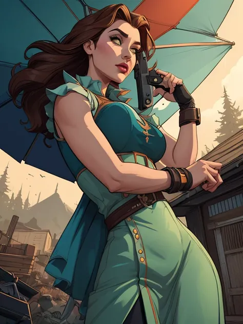 Personagem feminina armada com um .38 em estilo ocidental atompunk Fallout 4 Jennifer Connelly le com cicatrizes de guerra Imagem de desenho animado de uma mulher .Ilustra??o estilo desenho animado, estilo de arte dos desenhos animados, estilo de arte dos ...