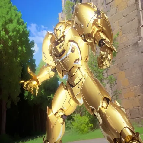 gilded shiny armour, golden armour, heavy golden armour, the golden humanoid robot, heavy gold armour, anime image of a giant robot with a huge smile on his face, solo