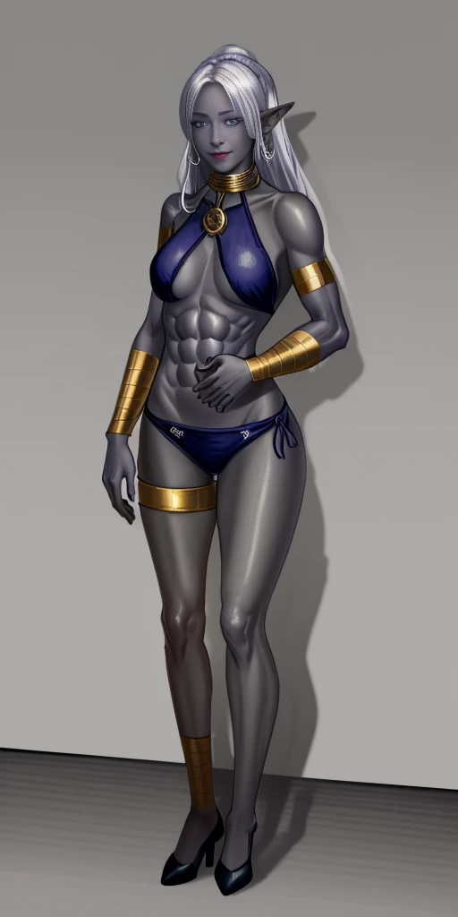 ((1girl)) full body, standing, grey skin, drow, elf, mature, detailed happy face, purple eyes, white hair, black bikini, abs, big knockers, golden chain collar, stomach tattoo (red tattoo)