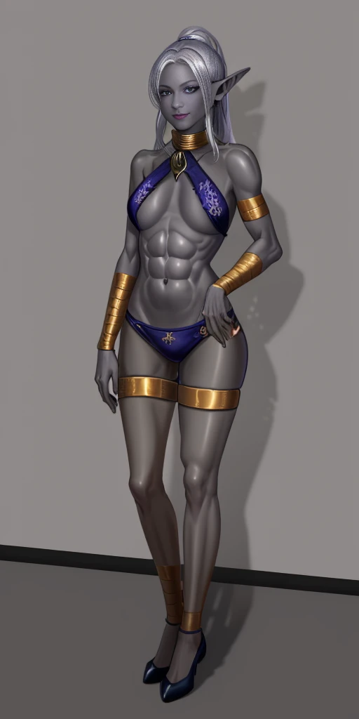 ((1girl)) full body, standing, grey skin, drow, elf, mature, detailed happy face, purple eyes, white hair, black bikini, abs, big knockers, golden chain collar, stomach tattoo (red tattoo)