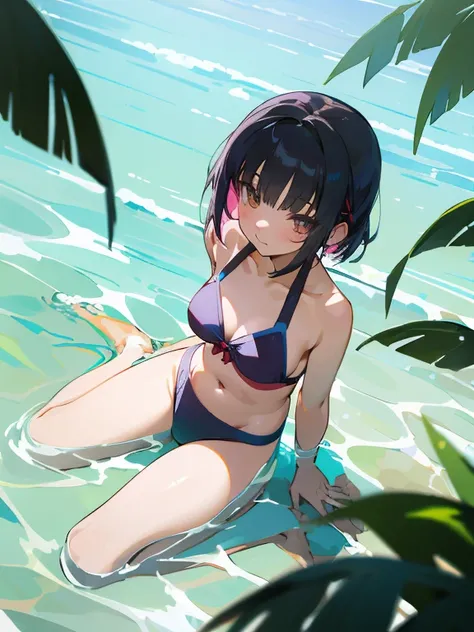 an anime drawing shows a girl sitting with  ((Swimwear)), 1girl, solo, sitting, leggings, wariza,((fromabove)),look up,Navel