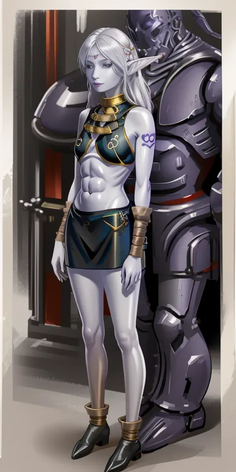 ((1girl)) full body, standing, grey skin, drow, elf, mature, detailed happy face, purple eyes, white hair, black bikini, abs, big knockers, golden chain collar, stomach tattoo (red tattoo)