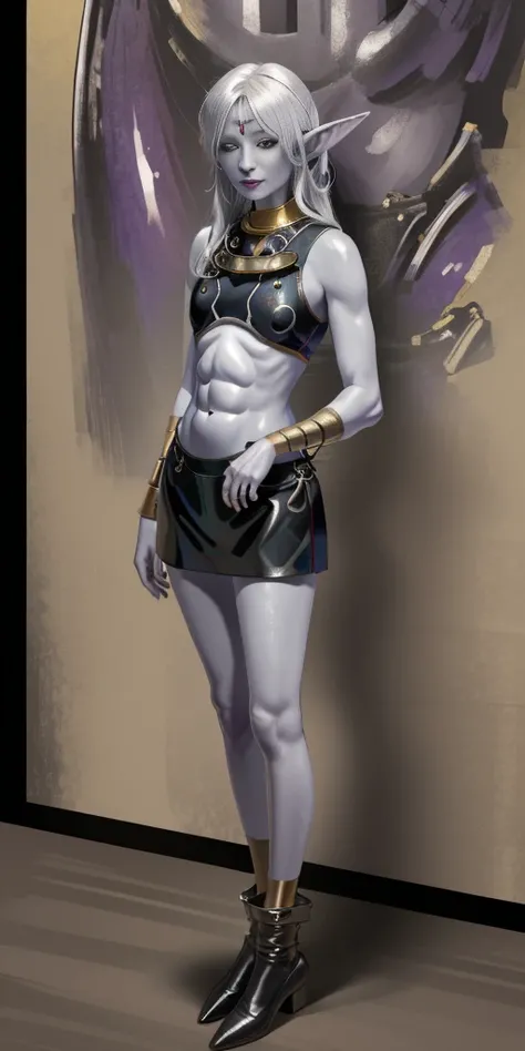 ((1girl)) full body, standing, grey skin, drow, elf, mature, detailed happy face, purple eyes, white hair, black bikini, abs, big knockers, golden chain collar, stomach tattoo (red tattoo)