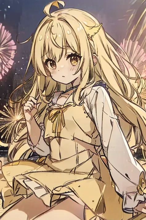 A blonde haired female angel in a cute yellow lolita dress with hazel eyes and golden wings is watching fireworks at the beach